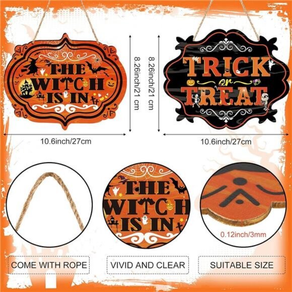 2 Pieces Halloween Wood Door Decorations Trick or Treat Hanging Sign - Picture 3 of 8